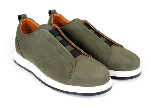 pantofi bărbătești nubuc natural kaki fără șireturi cu elastice și talpă sport