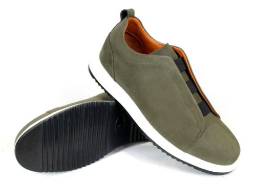 pantofi bărbătești nubuc natural kaki fără șireturi cu elastice și talpă sport