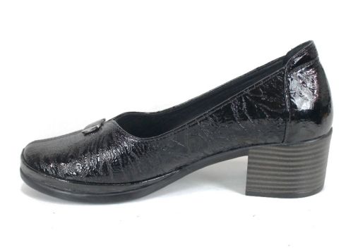 Pantofi damă Linea Classica din piele lacuită naturală, negri, cu toc mediu stabil și design clasic.