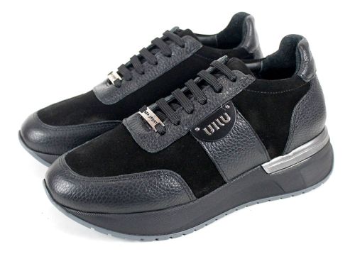 Pantofi sport damă Bruna Forte – piele naturală și velur, negri, cu talpă flexibilă.