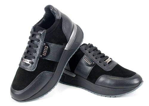 Pantofi sport damă Bruna Forte – piele naturală și velur, negri, cu talpă flexibilă.