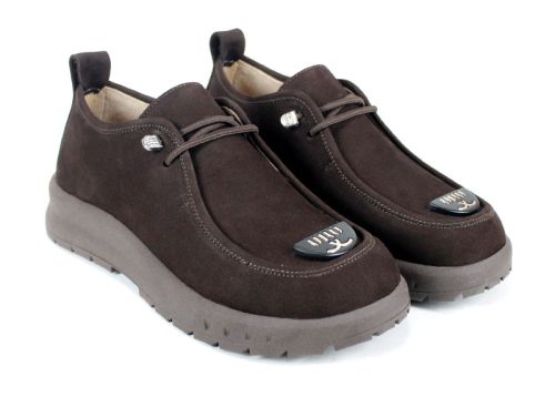 Pantofi damă Linea Libera din nabuc natural, maro închis, cu șireturi elastice și talpă din cauciuc.