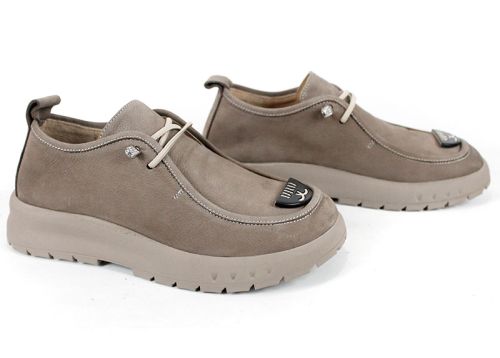 Pantofi damă Linea Libera din nabuc natural, vison, cu șireturi elastice și talpă din cauciuc.