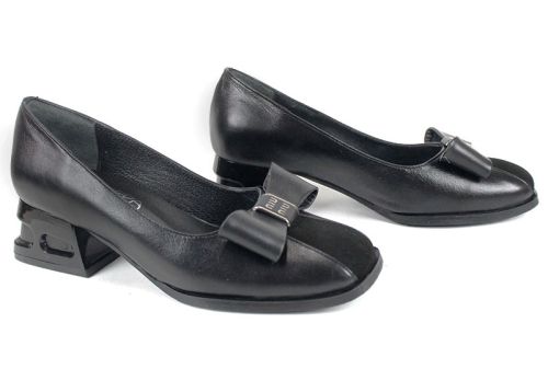 Pantofi damă Eleganza Viva Black Edition din piele naturală și velur negru cu fundiță și toc jos elegant.