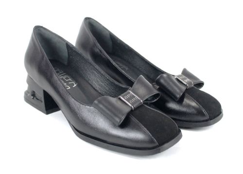 Pantofi damă Eleganza Viva Black Edition din piele naturală și velur negru cu fundiță și toc jos elegant.