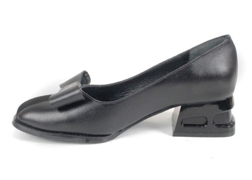 Pantofi damă Eleganza Viva Black Edition din piele naturală și velur negru cu fundiță și toc jos elegant.