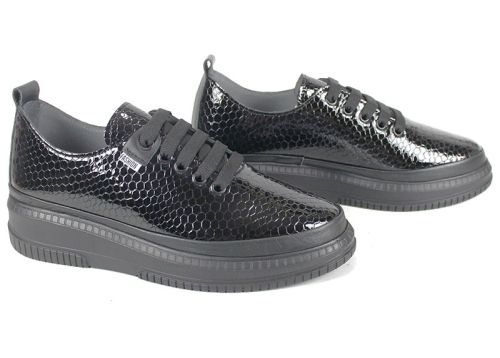 Pantofi damă casual Lusso Nero – lac negru cu imprimeu de șarpe, branț anatomic cu spumă memory