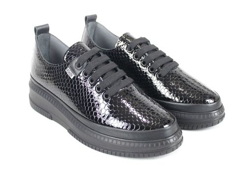 Pantofi damă casual Lusso Nero – lac negru cu imprimeu de șarpe, branț anatomic cu spumă memory