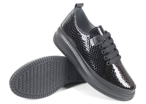 Pantofi damă casual Lusso Nero – lac negru cu imprimeu de șarpe, branț anatomic cu spumă memory