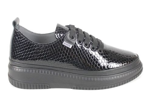Pantofi damă casual Lusso Nero – lac negru cu imprimeu de șarpe, branț anatomic cu spumă memory