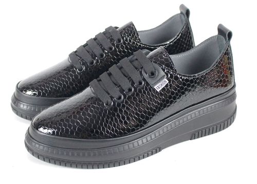 Pantofi damă casual Lusso Nero – lac negru cu imprimeu de șarpe, branț anatomic cu spumă memory