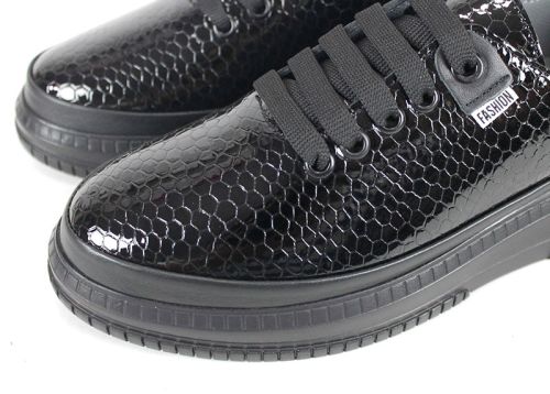 Pantofi damă casual Lusso Nero – lac negru cu imprimeu de șarpe, branț anatomic cu spumă memory