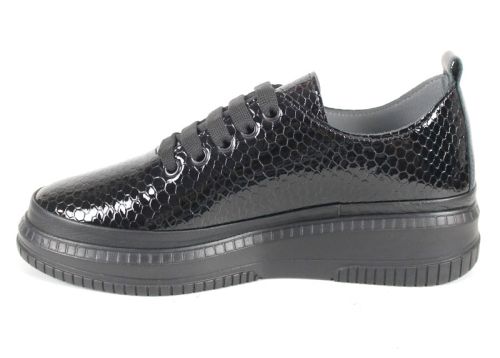 Pantofi damă casual Lusso Nero – lac negru cu imprimeu de șarpe, branț anatomic cu spumă memory