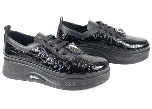 Pantofi damă Scala Moda negru – model fashion din lac presat și piele naturală, cu talpă comodă și accesoriu metalic