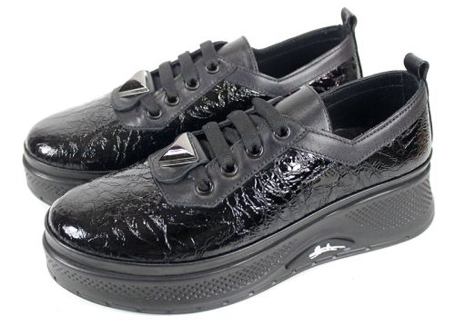 Pantofi damă Scala Moda negru – model fashion din lac presat și piele naturală, cu talpă comodă și accesoriu metalic