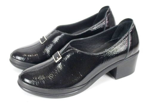 Pantofi damă Lusso Forte din lac natural negru cu toc mediu stabil