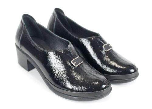 Pantofi damă Lusso Forte din lac natural negru cu toc mediu stabil