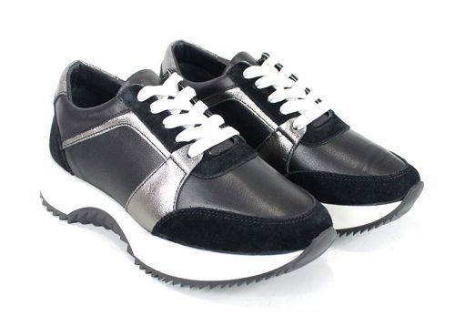 Pantofi sport damă din piele naturală și velur negri cu detalii platină