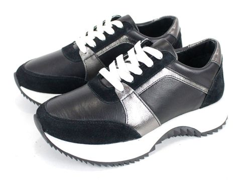 Pantofi sport damă din piele naturală și velur negri cu detalii platină