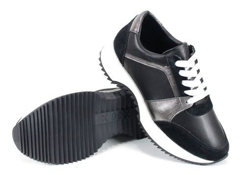 Pantofi sport damă din piele naturală și velur negri cu detalii platină