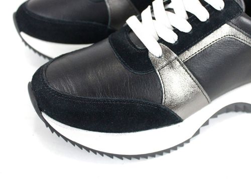 Pantofi sport damă din piele naturală și velur negri cu detalii platină