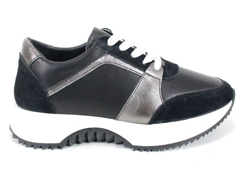 Pantofi sport damă din piele naturală și velur negri cu detalii platină