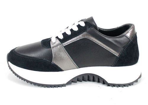 Pantofi sport damă din piele naturală și velur negri cu detalii platină