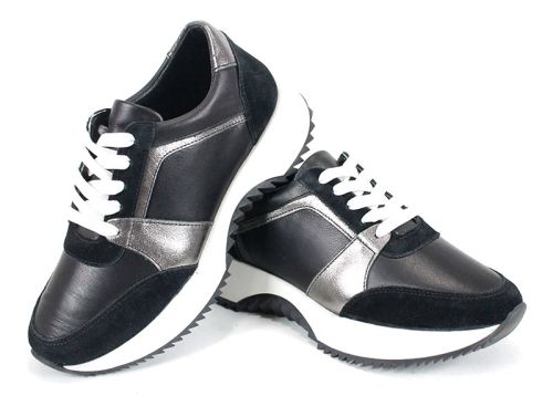 Pantofi sport damă din piele naturală și velur negri cu detalii platină