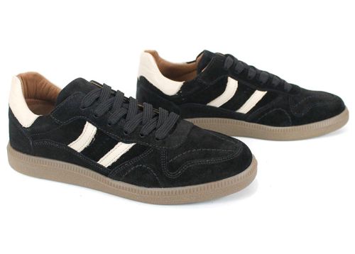 Pantofi sport retro damă Auria Tempo din piele întoarsă naturală – negru cu accente bej