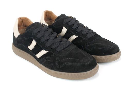 Pantofi sport retro damă Auria Tempo din piele întoarsă naturală – negru cu accente bej