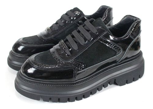 Pantofi damă Nero Serpente – lac negru, velur și imprimeu șarpe