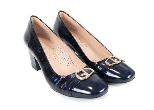 pantofi damă Notte Brillante din lac natural albastru închis cu toc și detaliu auriu