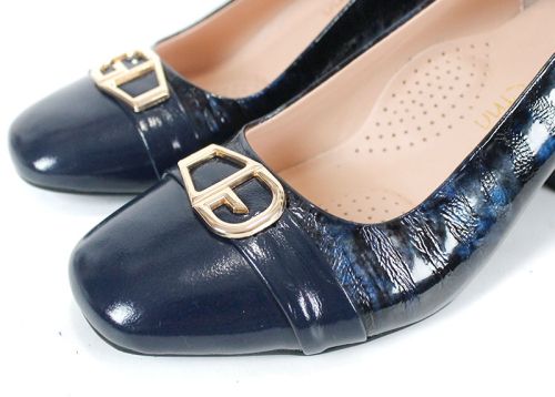 pantofi damă Notte Brillante din lac natural albastru închis cu toc și detaliu auriu