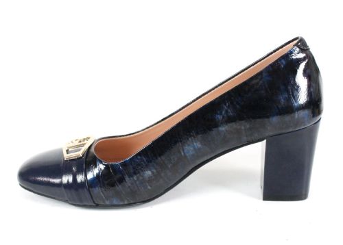 pantofi damă Notte Brillante din lac natural albastru închis cu toc și detaliu auriu