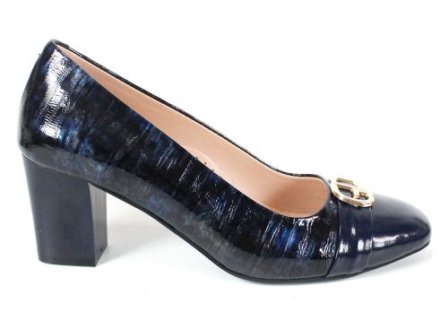 pantofi damă Notte Brillante din lac natural albastru închis cu toc și detaliu auriu