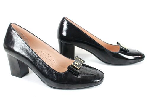 pantofi damă Notte Classica din lac natural negru cu toc stabil și detaliu auriu