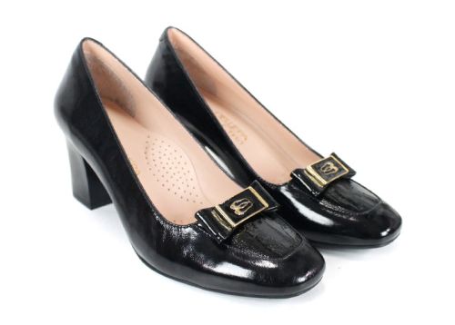pantofi damă Notte Classica din lac natural negru cu toc stabil și detaliu auriu