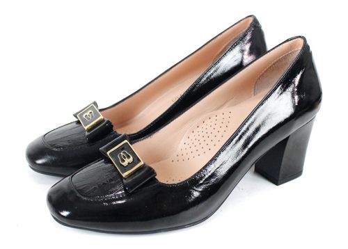 pantofi damă Notte Classica din lac natural negru cu toc stabil și detaliu auriu