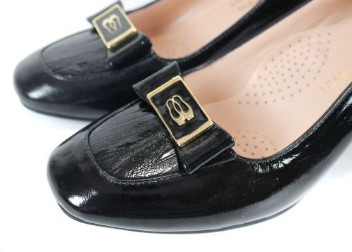 pantofi damă Notte Classica din lac natural negru cu toc stabil și detaliu auriu