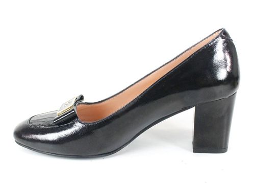 pantofi damă Notte Classica din lac natural negru cu toc stabil și detaliu auriu