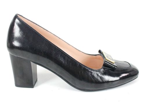 pantofi damă Notte Classica din lac natural negru cu toc stabil și detaliu auriu