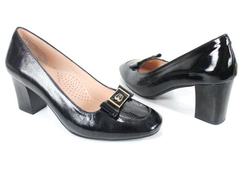 pantofi damă Notte Classica din lac natural negru cu toc stabil și detaliu auriu
