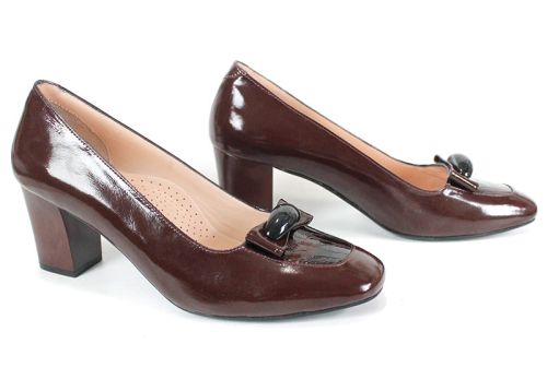 pantofi damă Eleganza Rubino din lac natural bordo cu toc și detaliu decorativ