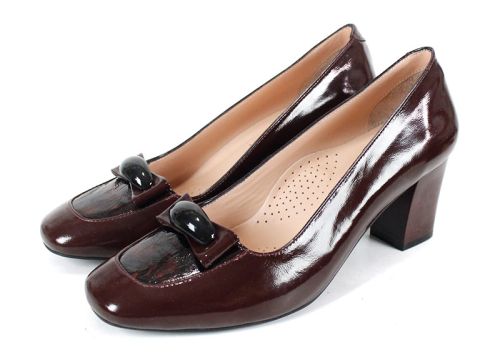 pantofi damă Eleganza Rubino din lac natural bordo cu toc și detaliu decorativ