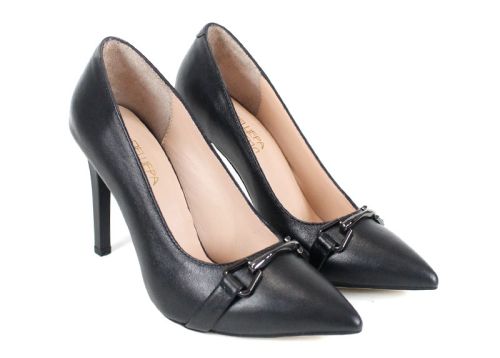 pantofi damă Linea Nera din piele naturală, negri, cu toc înalt și detaliu metalic