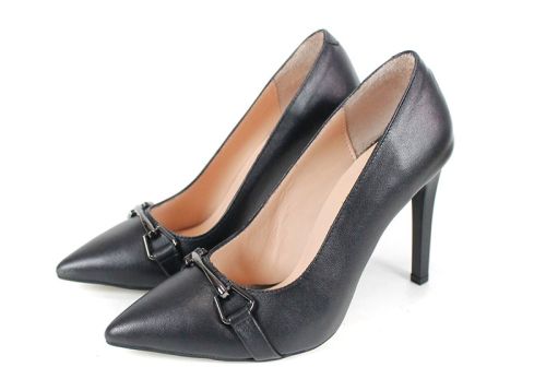 pantofi damă Linea Nera din piele naturală, negri, cu toc înalt și detaliu metalic
