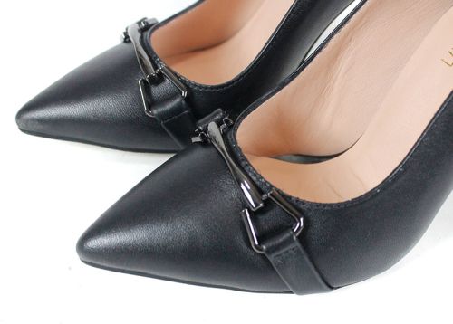 pantofi damă Linea Nera din piele naturală, negri, cu toc înalt și detaliu metalic