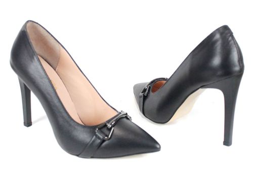 pantofi damă Linea Nera din piele naturală, negri, cu toc înalt și detaliu metalic