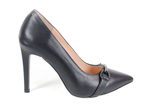 pantofi damă Linea Nera din piele naturală, negri, cu toc înalt și detaliu metalic