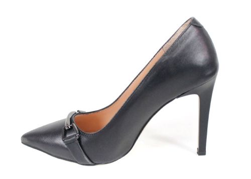 pantofi damă Linea Nera din piele naturală, negri, cu toc înalt și detaliu metalic